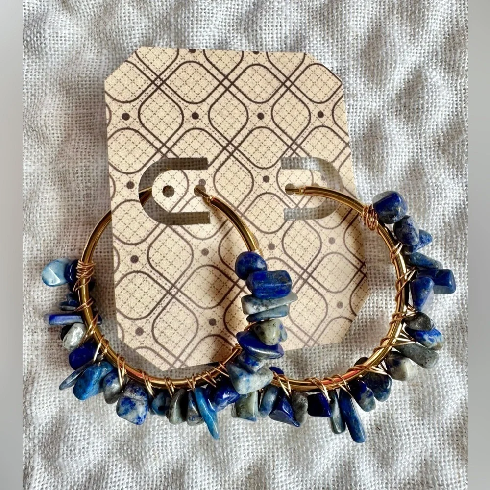 New Natural Blue Sodalite Stone Wire Wrapped Gold Tone Hoop Earrings - 2”